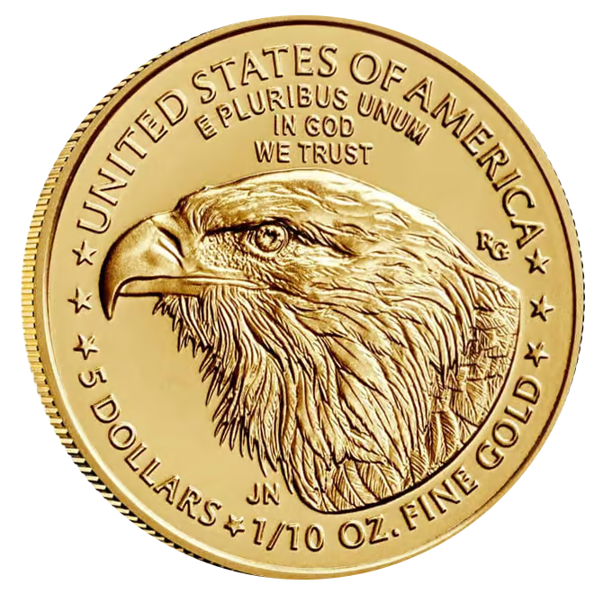 Reverse of the 2026 $5 American Gold Eagle showing the eagle design and 1/10 oz fine gold inscription